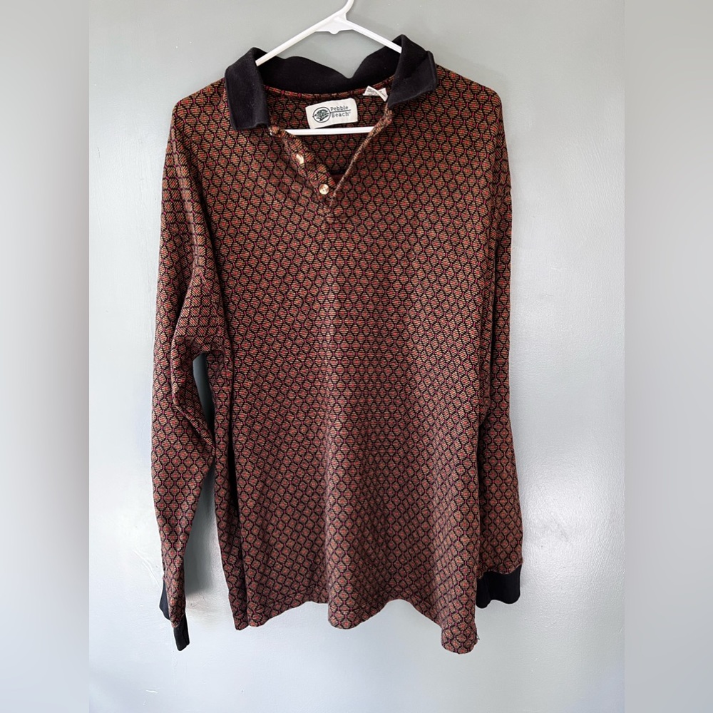 Pebble Beach•Men’s Large•Vintage•90’s•Printed•Collard•Long-sleeve Shirt•Cotton